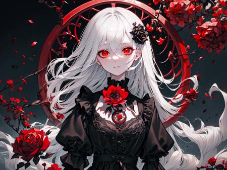 (best quality, masterpiece), (1girl, solo, black dress, standing , looking at viewer, white hair, red eyes, holding rose, closed mouth, upper body), (red dreamcatcher behind, red flower, )