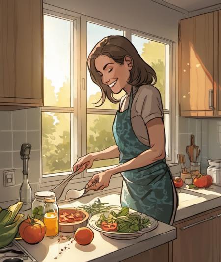 , <lora:gabriel picolo:0.7> gabriel picolo,  A highly detailed mother in her kitchen preparing meal, window sunny day, happy, smiling,