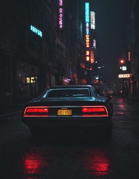 Neon noir <lora:5p0rt5caugh:1>,5p0rt5caugh,vehicle,car, . Cyberpunk, dark, rainy streets, neon signs, high contrast, low light, vibrant, highly detailed