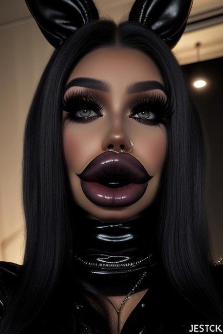 Full body picture, perfect face, model face, oral invitation,kissing face, platform boots, gotich, albatross art style,touching lips, Poking lips, long nails, goth, goth clothes, goth makeup, seductive, sadistic, sadistic smile,
SWOLLEN LIPS, 
(detailed hair, smooth skin, oiled skin, shiny skin, mature:1.1), (makeup, contour, skindentation), (black skin:1.1), hair over one eye, plump lips, bimbo, bimbo lips, thick hair, very long hair, jesica rabbit hair, dark lipstick, dark eyeshadow, black lipstick, (black lips:1.3),
uncensored, NSFW, realistic
 <lora:Botox_lips:0.6>