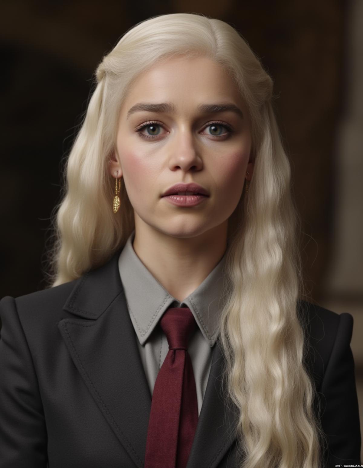 High quality passport photo of emxclarke as daenerys wearing a suit and tie looking directly at the camera with her mouth closed and a neutral expression. She is also wearing a delicate gold chain and some understated diamond earrings.       <lora:Emilia_clarke_and_daenerys_FLUX_epoch_49:1>