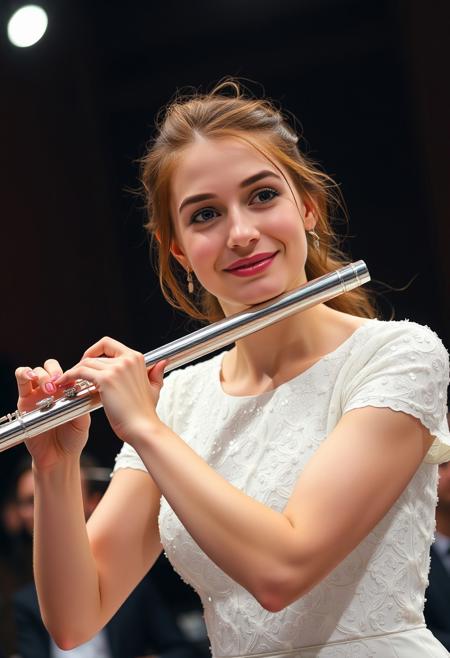 lovely happy 25yo woman playing the flute, wearing white sequined dress, auburn hair pulled back from ears, eyebrows raised, closeup on head and flute, dark background of concert hall, light on woman,