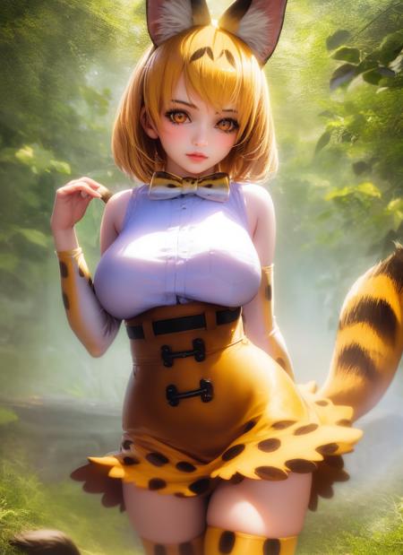 beautiful, masterpiece, best quality, realistic photo 1girl, serval,  blonde hair,  cat ears, cat tail, high-waist skirt, highres, kemono friends, large breasts, looking at viewer, orange eyes, thighhighs  <lora:my_ServalKemonoFriends_v1:0.6>