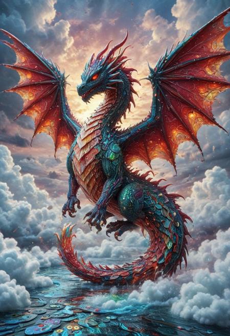 , celestial marble dragon in pcb_style flying through liquid sky, clouds melting into ribbons of color, fluid scales shimmering with white and red hues, glowing eyes, dynamic wings of flowing liquid, painterly lighting, vast fantasy environment, surreal atmosphere, highly detailed, magical realism
