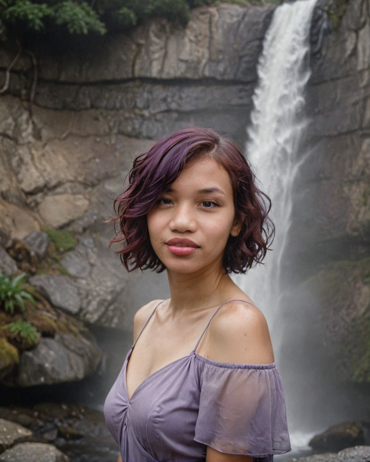 Rolleiflex Twin-Lens Reflex (1929), soft natural lighting, (closeup face photo of a woman taken from below), shy, shy pose, slight smile,
(short Spiral curl hairstyle), standing next to a waterfall on an overcast rainy day, misty spray, rocky cascades, natural beauty, (Purple Cold shoulder dress),
 <lora:Sophia_XL Base:1>