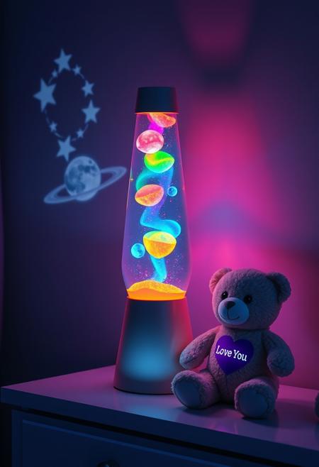 "Create a hyper-realistic image of a colorful lava lamp on a nightstand in a dark room. The lamp is lit, with vibrant, swirling liquids and glittering particles suspended in a mesmerizing dance. A nightlight projects tiny planets and five-pointed shooting stars on the wall. Next to the lamp, a small teddy bear sits with a glowing heart-shaped light on its chest, displaying 'Love You'. The lamp's soft glow, the bear's gentle light, and the celestial nightlight projection bring joy and comfort to the dark room, creating a peaceful atmosphere." Octane render, Highest-Quality, 8 k, intricate details, visually stunning, Masterpiece