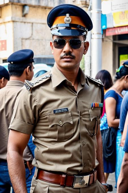 a stunning intricate full color photo, 1man, Indian police officer, wearing khaki uniform, (Indian_Police_Uniform:1) <lyco:Indian_Police_Uniform_V1:1.25> on a busy Indian street, detailed skin, epic character composition, by ilya kuvshinov, alessio albi, nina masic, sharp focus, full focus, realistic light, subsurface scattering, f25, 35mm, film grain, analog style