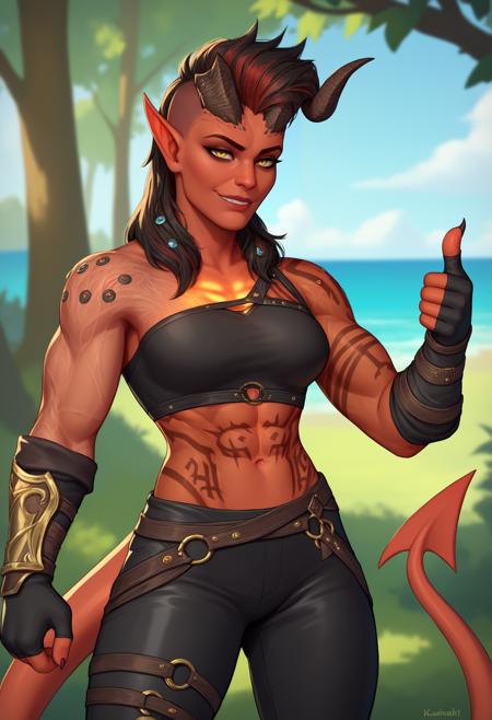 KarlachBG3, demon girl, colored skin, slit pupils tattoo scars muscular toned Yellow eyes Orange eyes Red eyes crop top, black pants, torn pants