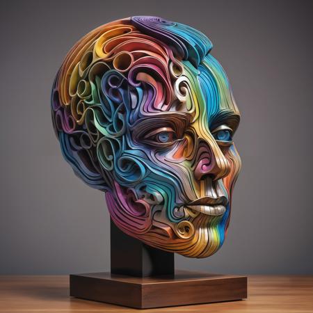 large multi colour (human head) sculpture on table, in the style of sketchfab, color gradients, collecting and modes of display, metallic rotation, craftcore, wood, spiral group, background is black