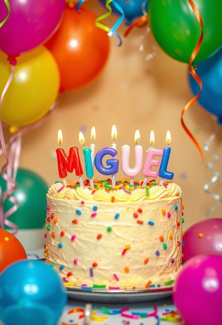 A beautiful birthday cake with colorful frosting, decorated with candles that spell 'MIguel '. Surrounding the cake are vibrant balloons in different colors, creating a festive atmosphere. The background is bright and cheerful, with confetti and streamers adding to the celebration. The scene is well-lit with a warm, happy glow, perfect for wishing a friend a happy birthday." 50 anos