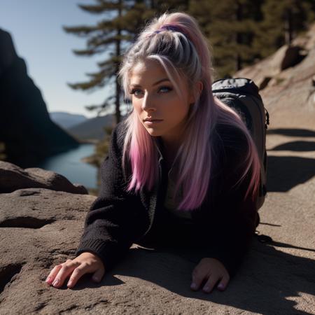 alexabliss,adult woman, outdoors, (evening), mountains, nature, (summer, windy),  backpack, sweater, hiking pants, forest, rocks, river, wood, shadows, contrast, clear sky, <lyco:AlexaBliss:1.0>, (masterpiece, best quality, ultra-detailed, best shadow), high contrast, (best illumination), ((cinematic light)), colorful, hyper detail, dramatic light, intricate details, (1 girl, solo) , ultra detailed artistic photography, dreamy, backlit, shadows, ultra high definition, 8k, ultra sharp focus, intricate artwork masterpiece, ((sharp face, detailed face, realistic face, naturtal skin, realistic skin, detailed skin, pores, detailed eyes,realistic eyes)), ultra high quality model, soft lighting, film photography, analogue photography, hyperrealism,