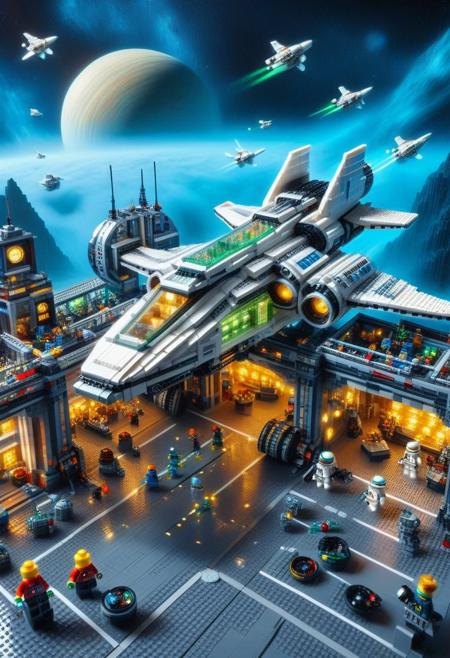 SFW,PG,         A massive intergalactic space station floating in a nebula, entirely constructed from LEGO bricks. Sleek LEGO starships with thrusters built from transparent blue bricks zoom past, while an astronaut minifigure in a bulky, futuristic LEGO spacesuit floats near a planet made of colorful bricks. The station’s control room is bustling with alien LEGO creatures, each with unique, customizable LEGO features, as they plot their next galactic conquest..