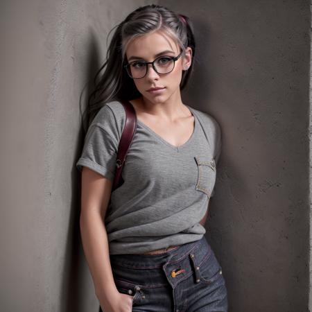 photo realistic, best quality, madisyns <lora:madisynShipman:1> is leaning on a grey wall, solo, finely detailed skin,  black eyeliner,  dark red shirt ,  with hip hugging jeans,  black Square Eyeglasses,  hands in pockets , looking at the camera  masterpiece, 8k ,HDR , realistic lighting , high resolution, depth of field