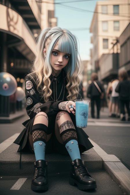 4K,8K. An attractive american gothic punk girl, with black punk fitting clothes, (blonde very long wavy hair:1.05) (wide dreamy light blue eyes,) wide smile, face close up, (holding a bubble tea,) (dynamic sitting pose, on the street) 2legs