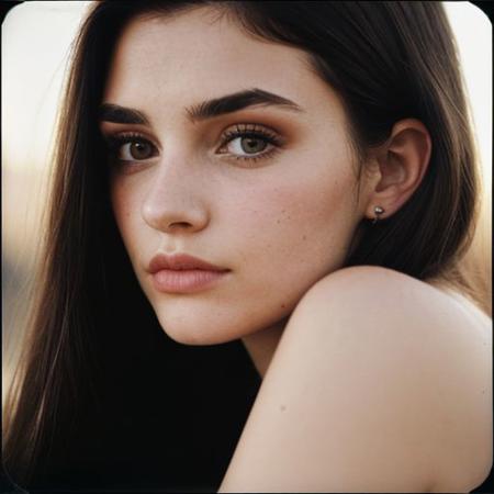 Close-up of a beautiful 21 year Old girl with (long straight hair), diamond shaped face, snub nose, brown hair, dark eyes, hair over eyes, matte skin,  shot on polaroid , available light