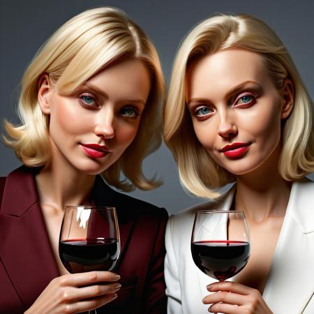 Portrait of two blonde women side by side with a glass of red wine, leaning on each other like good friends. Both looking at the viewer.