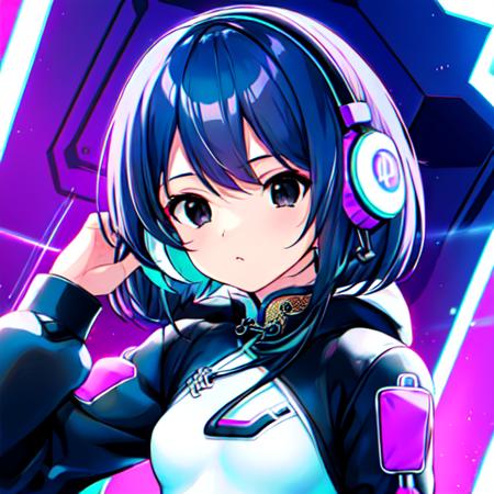 cute girl in cyberspace, headphones, solo focus, extremely detailed face,(official art:1.3),(best quality:1.2),(highres:1.2),(masterpiece:1.2),(extremely detailed girl:1.2),(sharp focus:1.2),(depth of field:1.2),(perfect lighting:1.2),(best quality:1.2),(god rays:1.2),(1girl:1.3),(small breasts:1.4),(((((black eyes))))), short hair, twintail, (violet aqua hair:1.3), (split color hair:1.3),  neon lights, neon palate, synthwave line art, vaporware, cute, professional lighting, full body,  (black hoodie:1.3),  (white qipao:1.4), circuit vector art, circuit board background,