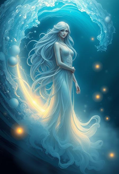 A majestic water goddess standing gracefully by a glowing wave, ethereal long flowing hair made of liquid silver, shimmering ocean-blue eyes, wearing an elegant dress made of flowing water and seashells, surrounded by glowing orbs and mist