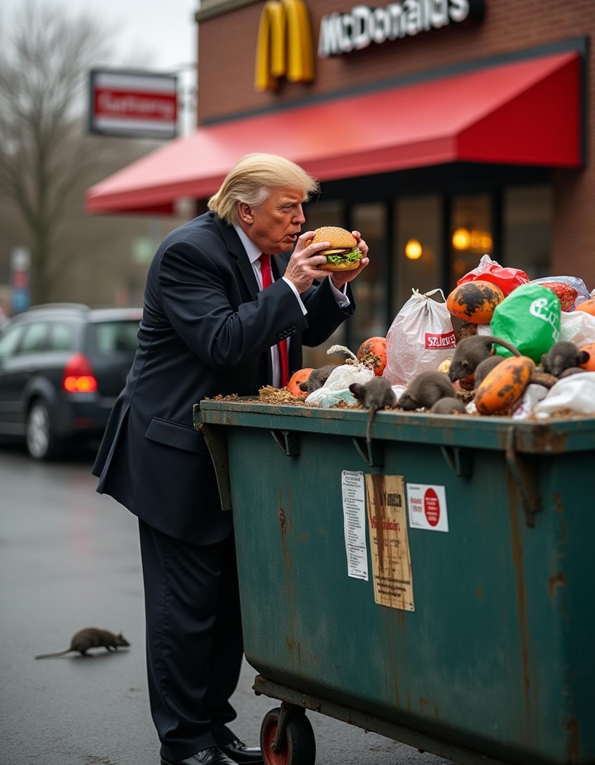 Donald trump eating a Big Mac behind of a McDonaldâs  restaurant. Beside him is a dumpster full of smelly garbage and rats.