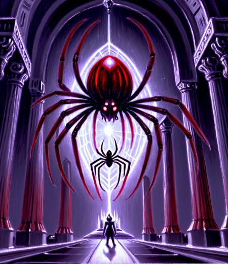 [ :Arcpastel of :0.3]a web with a red spider [creature|alien] with mandibles and carapace and lots of black small retina standing within a silver temple cathedral spacecraft with pillars and a white web, scifi, retrofuturism, space art, outer space, stars, black, gray