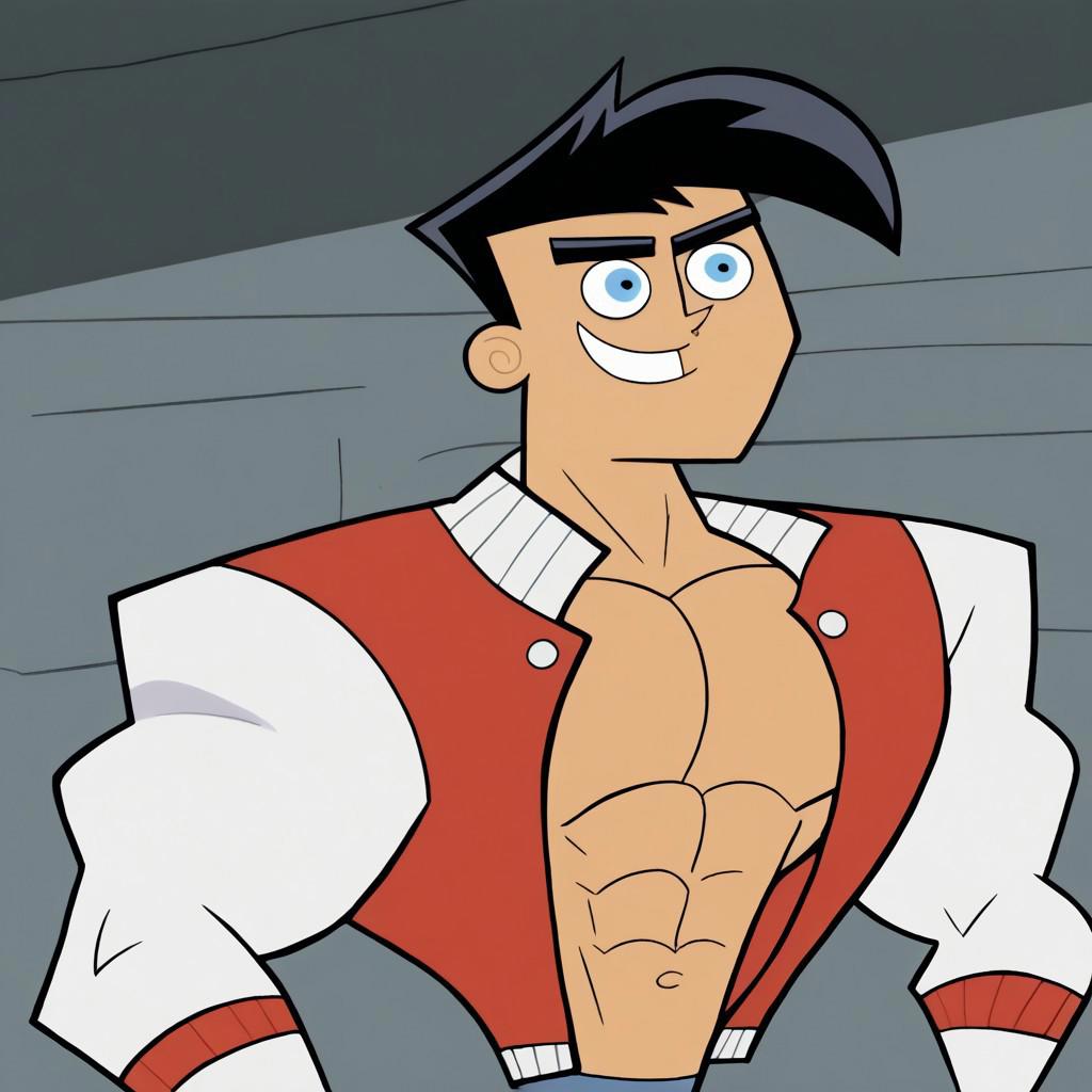 danny fenton,black hair,short hair,blue eyes,muscular, muscular male,confident smile,open red varsity jacket, white sleeves, shirtless,blue jeans