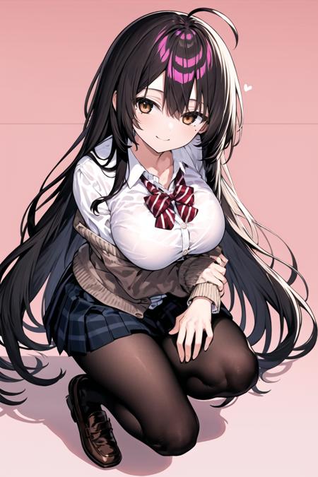 <lora:lowro:1>1girl, long hair, pantyhose, solo, skirt, mole under mouth, mole, brown eyes, pink background, bow, simple background, school uniform, smile, ahoge, pleated skirt, shoes, shirt, breasts, looking at viewer, cardigan, black hair, white shirt, loafers, very long hair, plaid, bowtie, plaid skirt, collared shirt, brown footwear, full body, black legwear, black skirt, long sleeves, brown legwear, closed mouth, striped, brown hair, hand up, arm under breasts, forehead, from above, striped bow, black neckwear, striped neckwear, large breasts, squatting