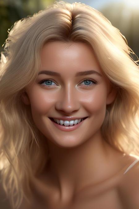 Belle femme blonde, visage raliste, maillot de bain, photo ralistes, qualit studio, arrire-plan plage avec rayon de lumire , sourire chaleureux, regard ptillant, forte poitrine, visage dtail, joyeuse, HDR, lumire douce, lvres pulpeuse, lvre charnue, belles dents regard coquin, bronze allonge sur le sable, vue plongeante, vue de dessus, arrire-plan lumineux, contre jour, corp entier