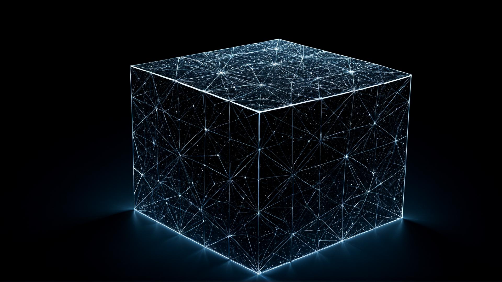 A glowing, rotating cube, floating in space, with its edges trailing light. The cube itself is transparent, allowing the viewer to see its inner structureâlines of light that trace geometric patterns. The background is a deep black void., Photorealistic, Hyperrealistic, Hyperdetailed, analog style, soft lighting, subsurface scattering, realistic, heavy shadow, masterpiece, best quality, ultra realistic, 8k, golden ratio, Intricate, High Detail, film photography, soft focus