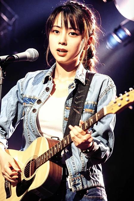 best quality, ultra high res, (photorealistic:1.4), masterpiece, Concert background,1girl,detailed eyes,hair decoration,trendy expression,jacket,top,pants,(style:1.5),standing,On stage,Play the guitar,sing(looking at viewer),  <lora:banjingquanshui:0.8>