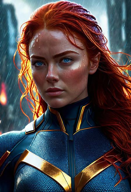 Ultra detailed digital art masterpiece, Hyperdetailed, hyperrealism, extremely high resolution of Beautiful Jean Grey, Greg Rutkowski, Intricately Designed Handsome face, Realistic blue eyes, wavy long red hair, Marvel, Intricately Designed X-Men costume, 8K, deep color, Cinematic Lighting, intricate smooth, sharp focus digital painting, Artgerm, WLOP, Greg Rutkowski, Beautiful Sadie Sink as Jean Grey, wavy red hair, handsome freckled face, Marvel comics, Realistic combat dirty clothing, perfect whole athletic body, defiant and seductive, Photograph Taken on Nikon D750, Intricate Elegant, Digital Illustration, Scenic, Unreal Engine, CryEngine, Octane Render, 8k, standing in the runes of a metropolis, Designed combat clothes, Attractive, Attractive woman, dramatic lighting, wet and sweaty skin, beautiful firm Breasts, Daylight, Concept art by Greg Rutkowski, adding to the intense and dynamic atmosphere of the scene
