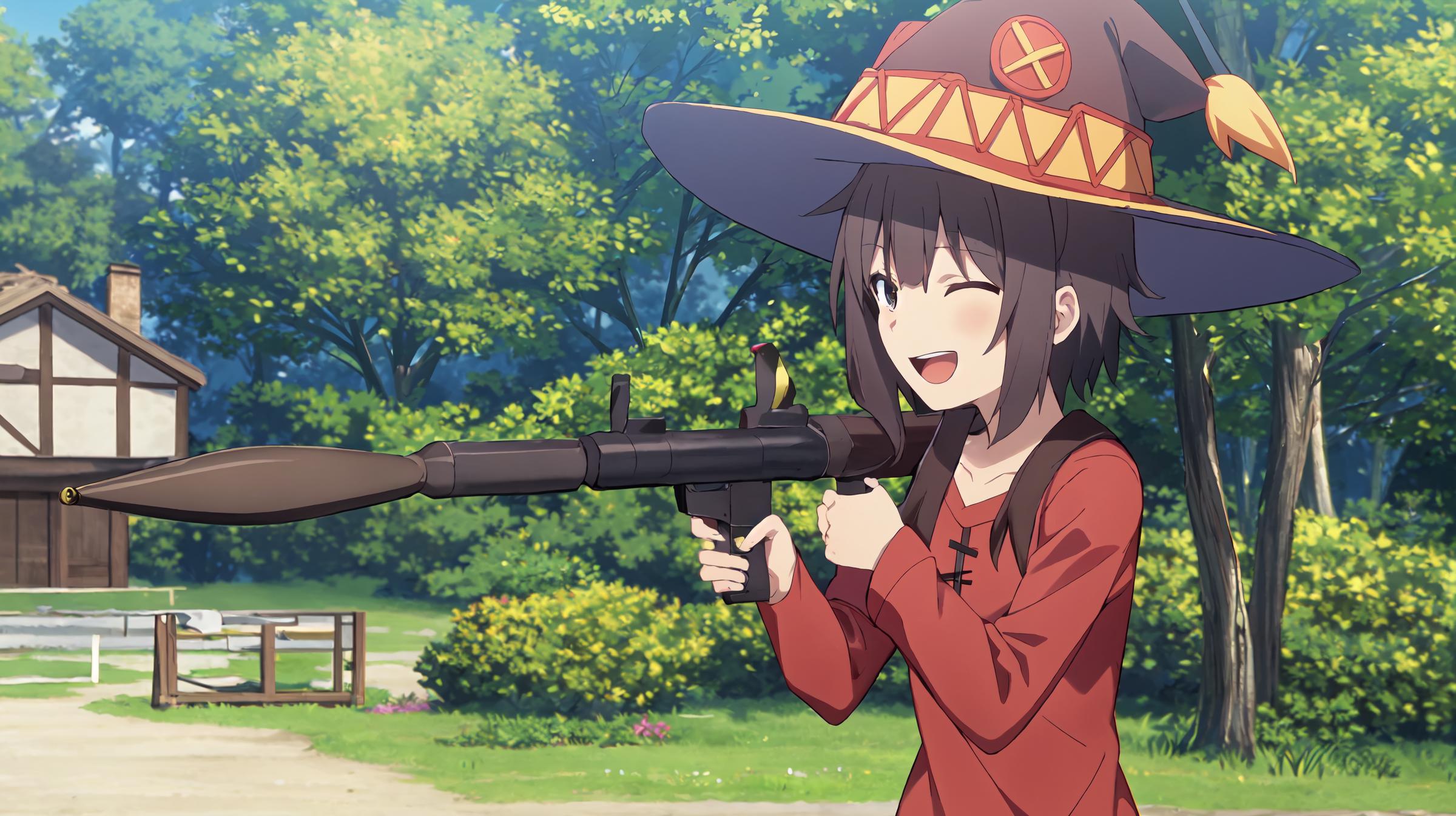 A girl holding a gun with a happy expression.