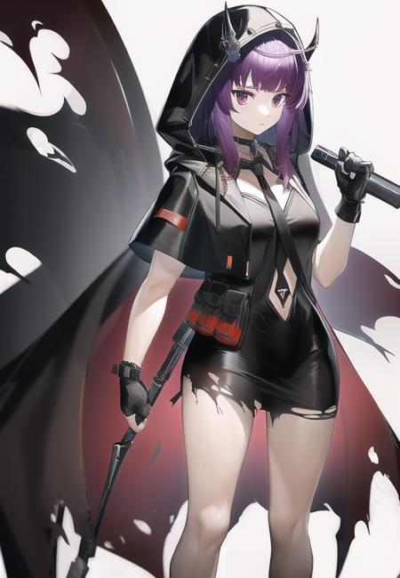 lava_the_purgatory_(arknights) solo, 1girl, short_hair, long_hair, dreadlocks, skirt, dress, jewelry, short_sleeves, purple_eyes, jacket, boots, necktie, weapon, purple_hair, black_footwear, gloves, black_dress, black_jacket, hood, miniskirt, holding_weapon, black_necktie, black_gloves, necklace, fingerless_gloves, knife, bare_legs, torn_clothes, hooded_jacket, mask, staff, short_dress, holding_knife, horns, 