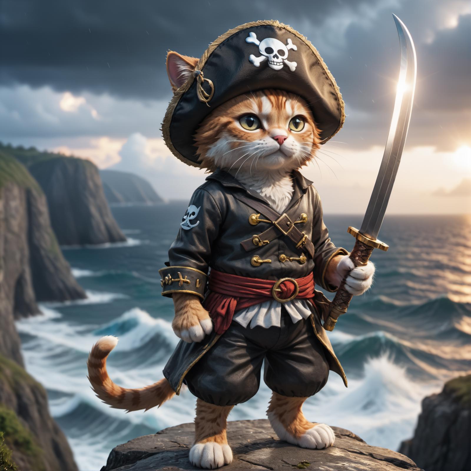 Artistic Illustration of a Cat in a Pirate's Outfit Holding a Sword.