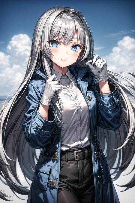 1girl, blue_eyes,coat,long_hair, open_mouth, silver_hair, very_long_hair,white shirt,smile,white glove,closed mouth,
BREAK  <lora:flat1:-1:OUT04-11>