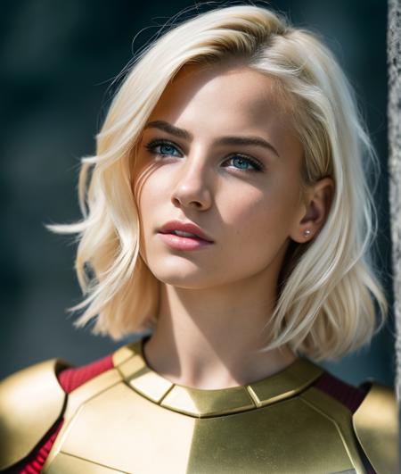 1girl, skin pores texture, Hair blonde short, HD , Photography, movie, cinematic, full Body armor red , blue and gold, hero, Realistic, (8k, RAW photo, best quality, masterpiece:1.2), (realistic, photo-realistic:1.33), best quality, cute,natural lighting, depth of field, film grain, wrinkled skin, sharp, detailed