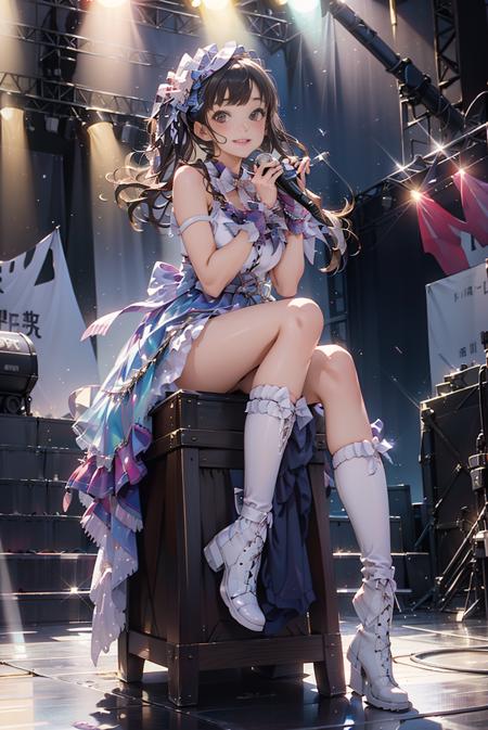 masterpiece, best quality, idol_costume, white knee boots, 1girl, solo, smile, idol, full body, looking at viewer, long black hair, sitting on stage, stage lighting, stage spotlight, detailed background, holding microphone, audience, <lora:idol_costume_style2_v2:0.7>