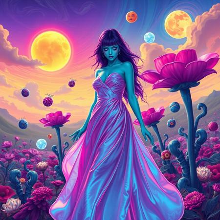 Stylised image of a beautiful woman with vibrant purple hair and glowing turquoise skin, standing in a surreal landscape. She’s wearing a flowing gown made of shimmering, iridescent fabric that reflects the colors of the bizarre environment around her. 
The background features a sky filled with two suns and swirling clouds in neon hues, while giant, oversized flowers with spiraling petals bloom in a whimsical garden. Strange creatures with whimsical shapes playfully interact nearby. 
The woman has an ethereal expression, her eyes sparkling with otherworldly light, as she gracefully floats above the ground, surrounded by floating geometric shapes and luminous orbs. The scene conveys a dreamlike, fantastical quality, blending beauty with a sense of the extraordinary.
