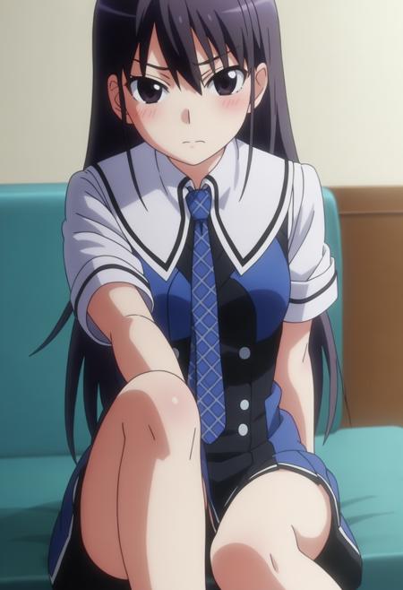 shiyumikonime, long hair, black hair, black eyes, school uniform, blue necktie, shirt, blue dress, thighs, shiyumikorng, long hair, black hair, black eyes, shiyuvisual, visual_style, long hair, purple eyes, black hair, purple hair,