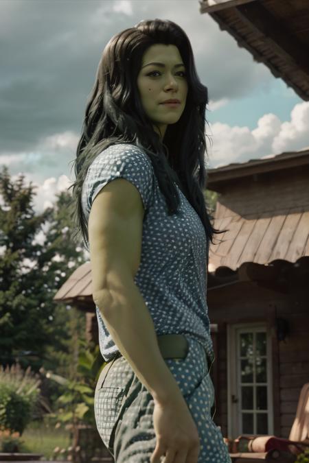 a photo of tatmshlk ,a woman,polka dot shirt,pants,long hair,david lynch lighting style,close-up, outdoor,front,<lora:tatmsF-05:1>