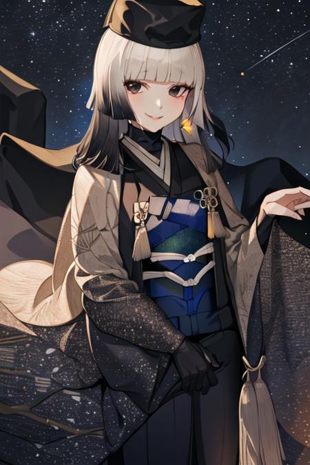 best quality, masterpiece, highres, solo, {night:1.10}, {starry sky:1.10}, beach, beautiful detailed sky, {extremely detailed background:1.20}, {sen_no_rikyu_fgo:1.15}, {standing:1.10}, looking at viewer, {bikini:1.30}, bangs, blunt_bangs, hat, black_eyes, black_hair, medium_hair, gradient_hair, grey_hair, multicolored_hair, black_headwear, tassel, smile, small_breasts, breasts, light smile