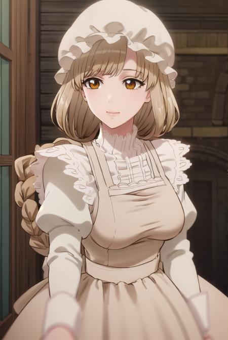 macrophage, long hair, blonde hair, (brown eyes:1.5), braid, braid ponytail, long sleeves, hat, dress, bow, apron, maid, mob cap, maid apron, frills, puffy sleeves, white headwear, juliet sleeves,