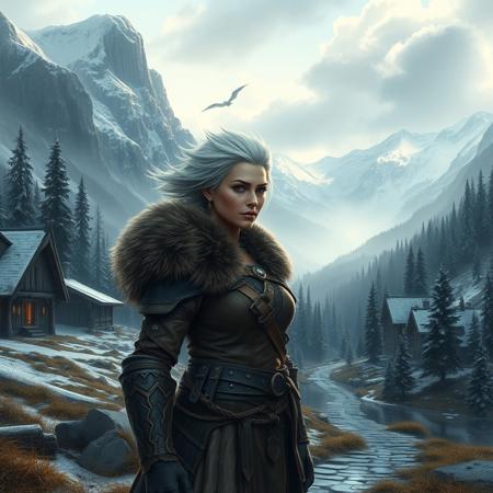 A tall, powerful woman stands at the edge of a rugged northern village, framed by towering snow-capped mountains and dense, ancient forests. Embra Wildsong, her short, spikey white hair blowing in the cold wind, gazes out at the vast world beyond. She wears sturdy leather armour adorned with furs, her sharp eyes reflecting determination. Behind her, the wooden huts and the distant smoke from the great hall fade into the mist. Ahead, a path winds through the wilderness, where the early morning light touches the horizon.