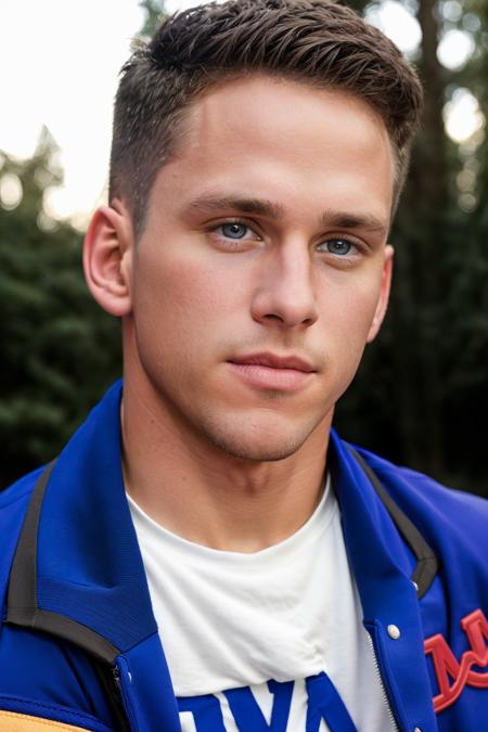 RAW photo, (male focus), 1boy, a closeup photograph of jeremy_penn (varsity jacket), <lora:Jeremy_Penn-09:0.8>, 8k uhd, dslr, soft lighting, high quality, film grain, Fujifilm XT3, 90's filter