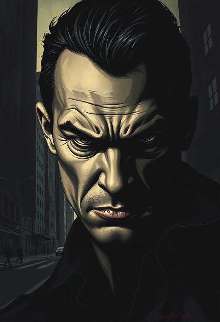 A deep, introspective portrait of a strong, determined face, where the background subtly blends into abstracted, sharp-edged buildings and dark, empty streets.bold sculptural figures with precise geometric cityscapes, deep atmospheric lighting, strong emotional contrasts, moody solitude meets social realism, muted urban tones with glowing highlights, dramatic expressive portraits, woodcut-style textures and smooth minimalist architecture