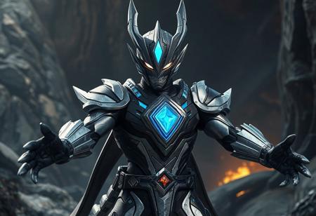 Ultraman-inspired Dragonox warrior, Mystic Mine backdrop. Gray & black armor, blue chest gem. Dynamic pose, outstretched arms, intense eyes. Trending on Artstation, isometric view, splash ink illustration, octane render, Unreal Engine 5, Raphael style, Houdini style, captivating lighting, golden ratio, CGSociety, 4k, detailed face, vivid emotions.