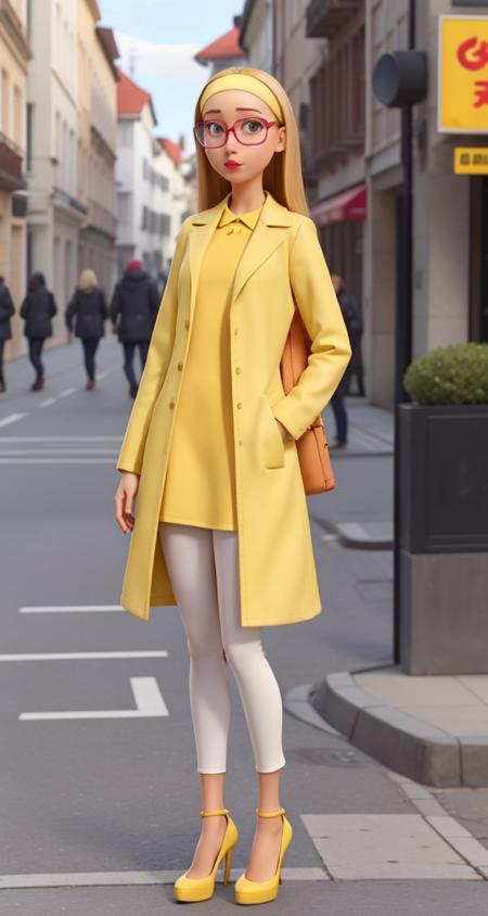 <lora:VRAMsHoneyLemon640:0.5>, 1girl, xyzhoneylemon, long hair, portrait, glasses, masterpiece, hairband, high heels, blonde hair, full body, yellow dress, yellow lab coat, white leggings