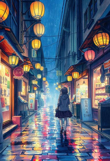 Vertical 9:16 cinematic anime scene, narrow old shopping street glowing with warm lanterns at night, anime couple walking side by side under light rain, colorful reflections on wet stones, cozy nostalgic atmosphere, pastel colors, highly detailed anime watercolor texture.