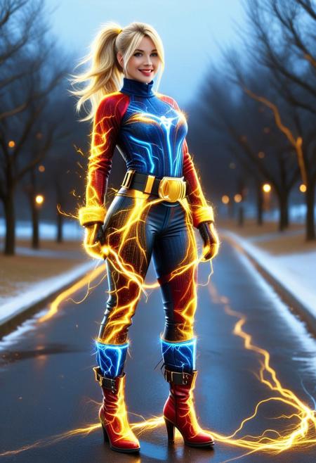 lthndrtrl, realistic, only illuminated by the setting sun, golden glow, sunset, winter trees outside, grassy hill, trees, 1female, mature_woman, 30 years old, seductive smile, sultry, serious stare, stern look, close-up, natural skin, belt, thigh high boots with buckles, the boots were put on over the trousers. red lipstick, blue sash, decorations, bright blue eyes, ultra detailed, high ponytail, Masterpiece, realistic, highest quality, (photorealistic:1.2), sexy, thick full lips, big hips, hourglass figure, dark roots, very long hair, Smoky cat eyes makeup style , huge breasts, wide hips, slim waist, TEST, high detail face, best quality, absurd res, blonde hair, long hair,  black belt, smile, happy, looking at viewer, standing, crossed legs, streets, little blush, fully dressed, sweater, long pants, semi side view, wrinkles, clothes made of golden and blue and red and yellow and purple lightning thunder trails, gloves, small latex eye mask, (eye mask:1.2).