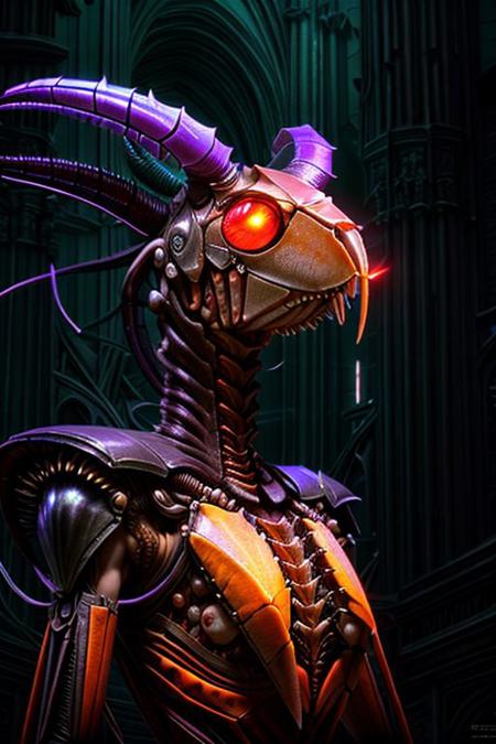 portrait of crab mantis female, (long neck, slender arms)), bio armour, massive headdress, horns, luminesce glowing, darkness cathedral interior background atmosphere,