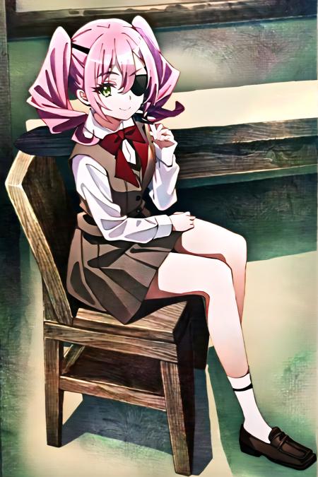 solo, 1girl, annette (boga), eyepatch, twintails, lamplight, school uniform, pinafore dress, brown vest, white shirt, long sleeves, red bow, black socks, loafers, smile, looking at viewer, sitting, chair, house, sunlight, indoors, full body, <lora:negative-e12-15:-1.5>